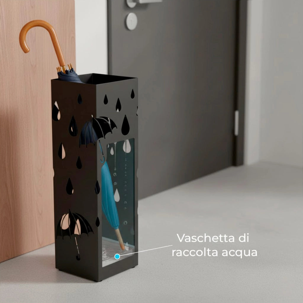 Portaombrelli In Acciaio Zincato Con 2 Ganci Removibili E Vaschetta Scolapioggia Base Antiscivolo Design Moderno Per Ingresso Casa E Ufficio 49 X 15.5 X 15.5 Cm Nero
