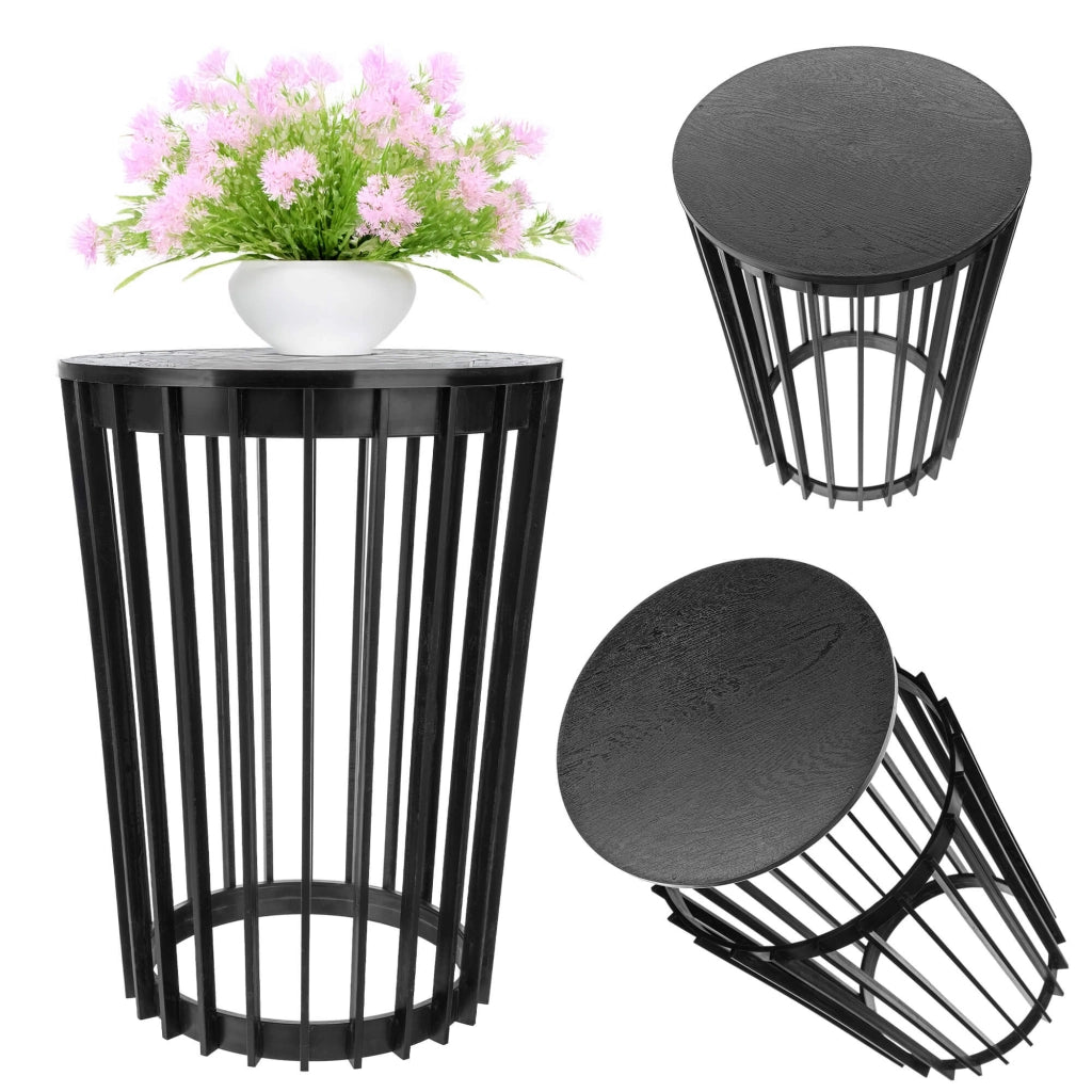 Tavolino rotondo KADAX nero, piccolo, stile loft, da giardino, per balcone, traforato, 54 cm