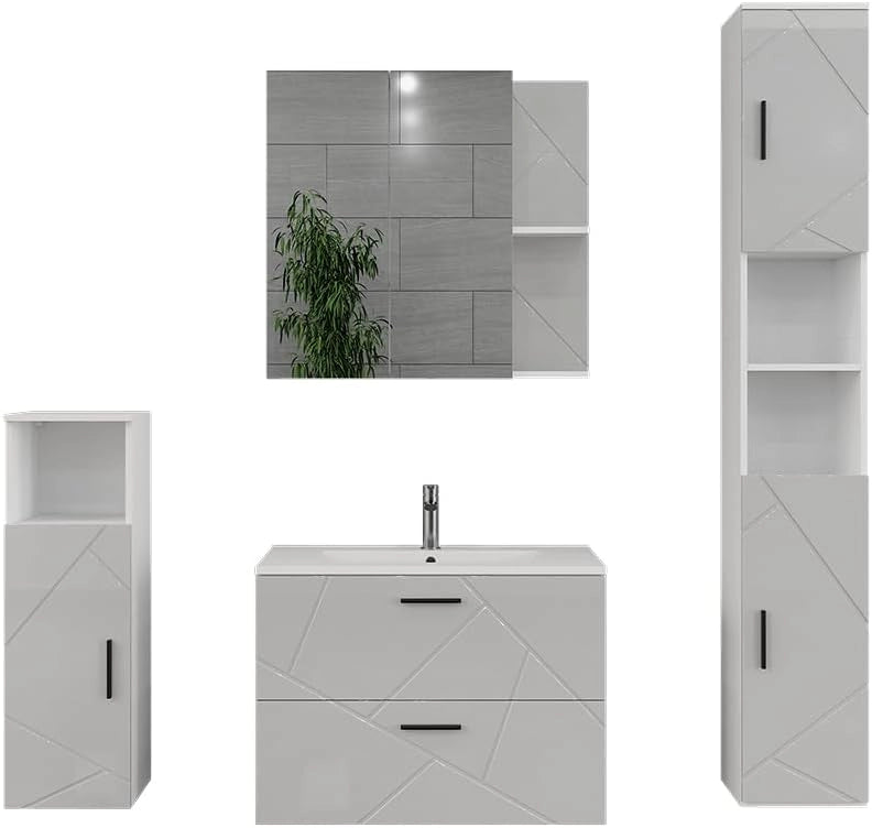 Set di mobili da bagno Irma, Bianco/bianco lucido, 80 cm, composto da mobile sottolavabo, lavabo, pensile, colonna e mobile medio