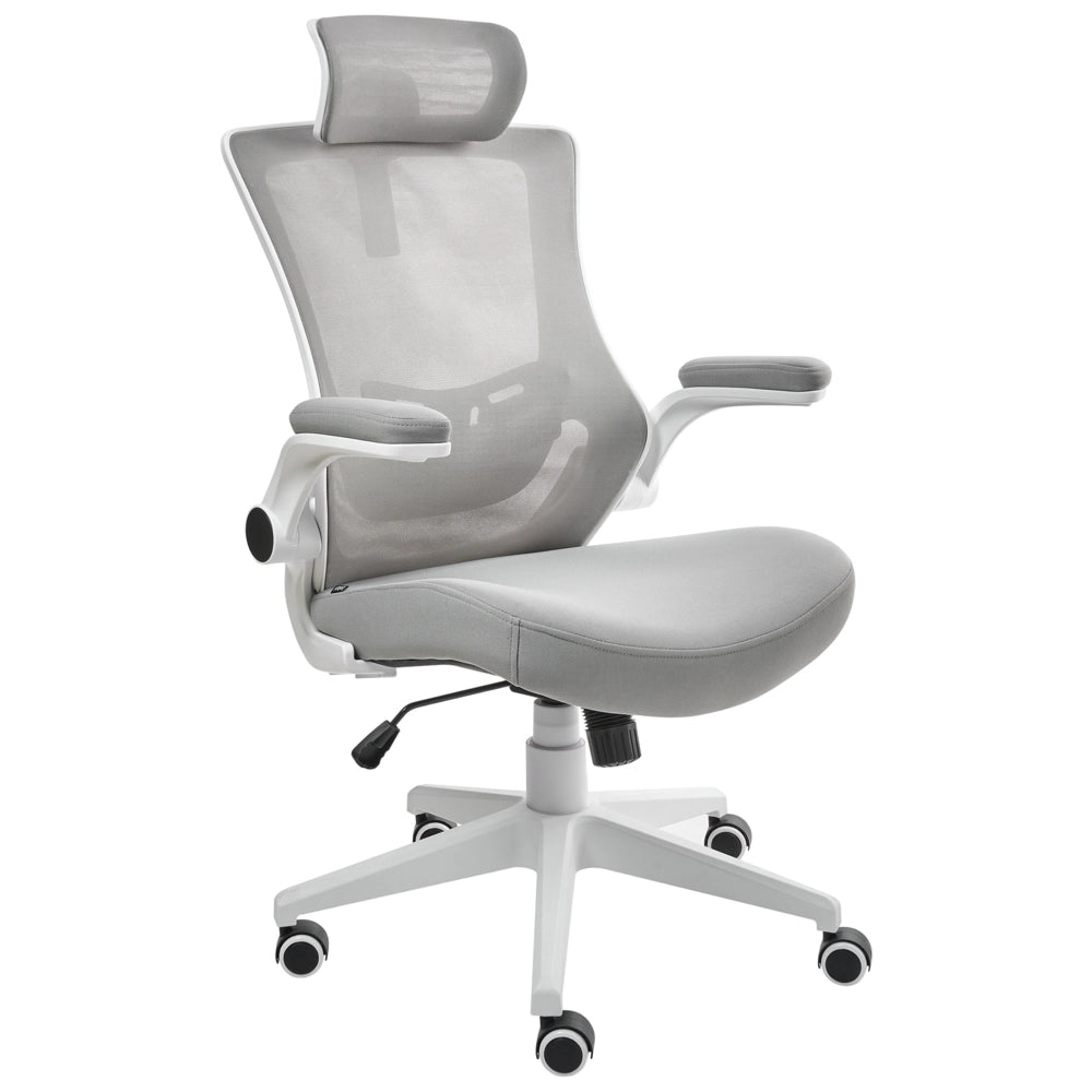 Sedia da ufficio professionale con rivestimento in mesh grigio chiaro Poggiatesta e braccioli regolabili Sedile pneumatico Base girevole