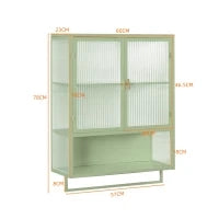 Moderno pensile con ante in vetro, due livelli di spazio chiuso, ripiano aperto e porta asciugamani, 70×23×78 cm, Verde