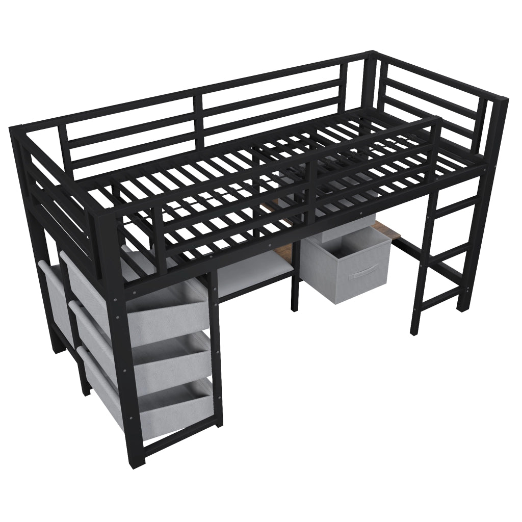 Letto semi-alto in metallo con cuscino, cassetti e LED, 90x200 cm, nero