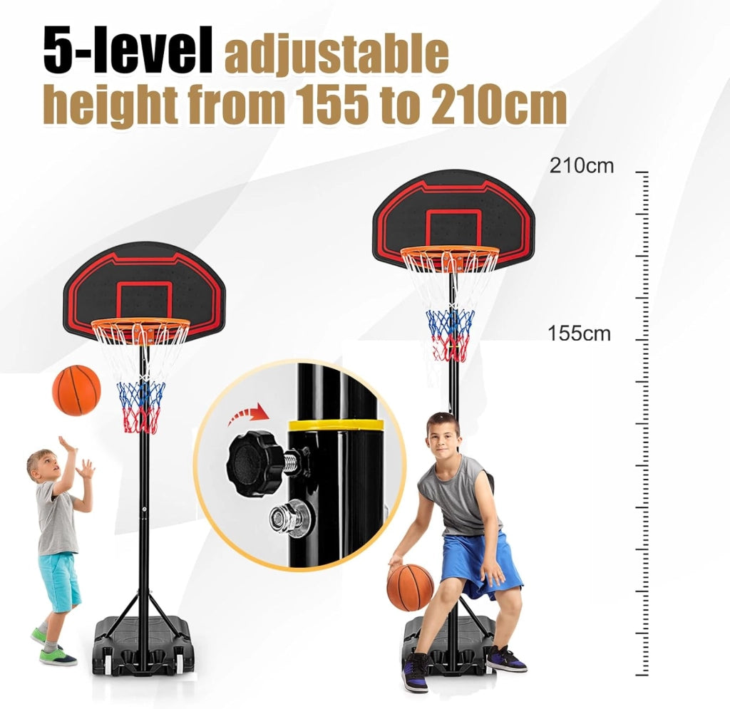 Canestro Basket per Esterno in HDPE, 5 Livelli di Altezza Regolabile 155-210 cm, Supporto da Basket Portatile con Ruote, Base, Pallacanestro per Interni, per Bambini e Adulti