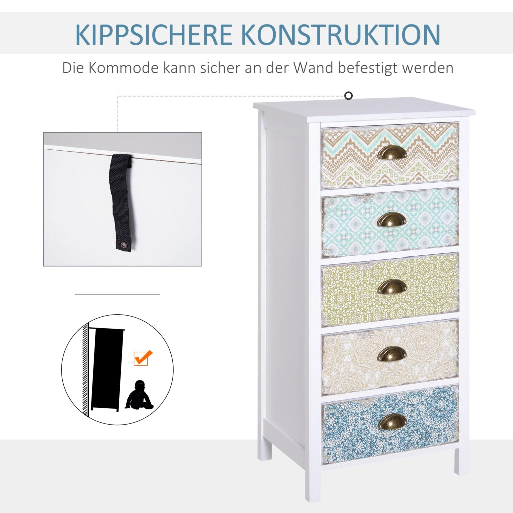 Cassettiera con 5 cassetti e protezione antiribaltamento, stile shabby chic, per soggiorno e camera, in MDF multicolore