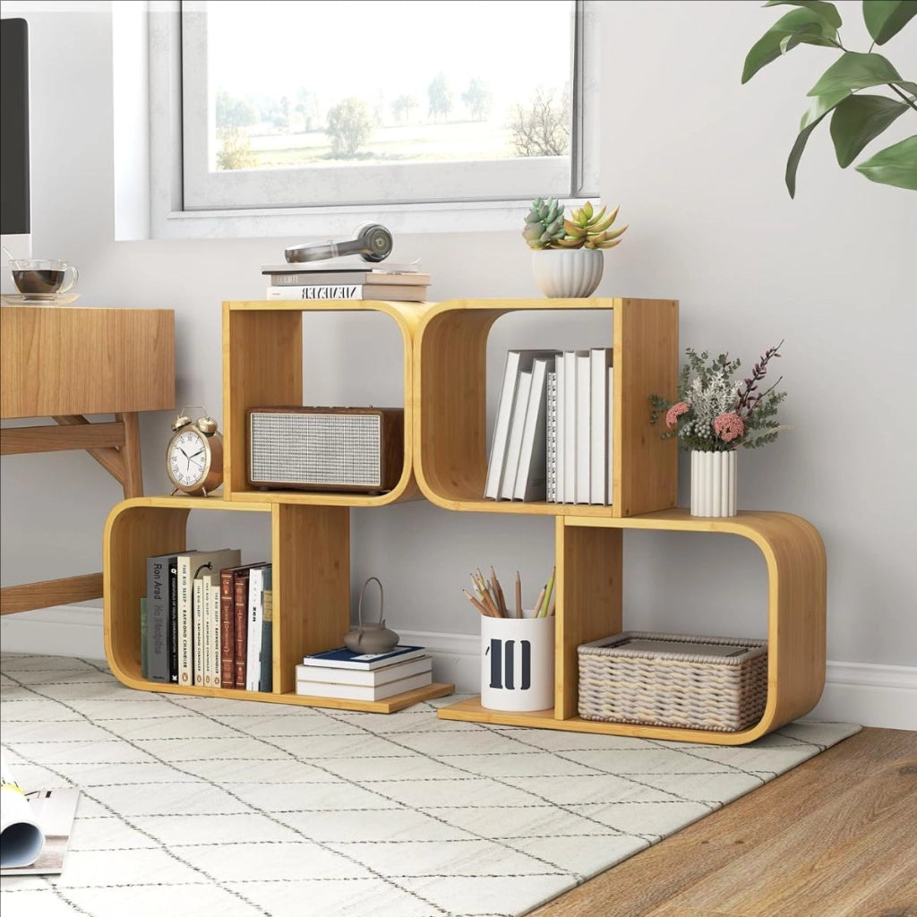 Libreria a 2 livelli a forma di S per esposizione, Mensola in bamb¨´ con 2 cubi aperti Naturale-Scaffali e librerie
