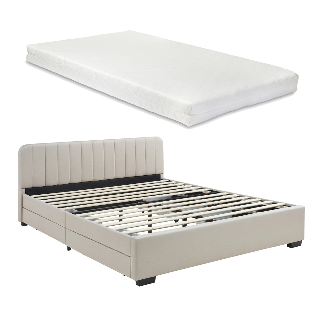 Letto Matrimoniale Nofrenna con Materasso 160x200 cm 4 Cassetti e Testiera - Beige [en.casa]
