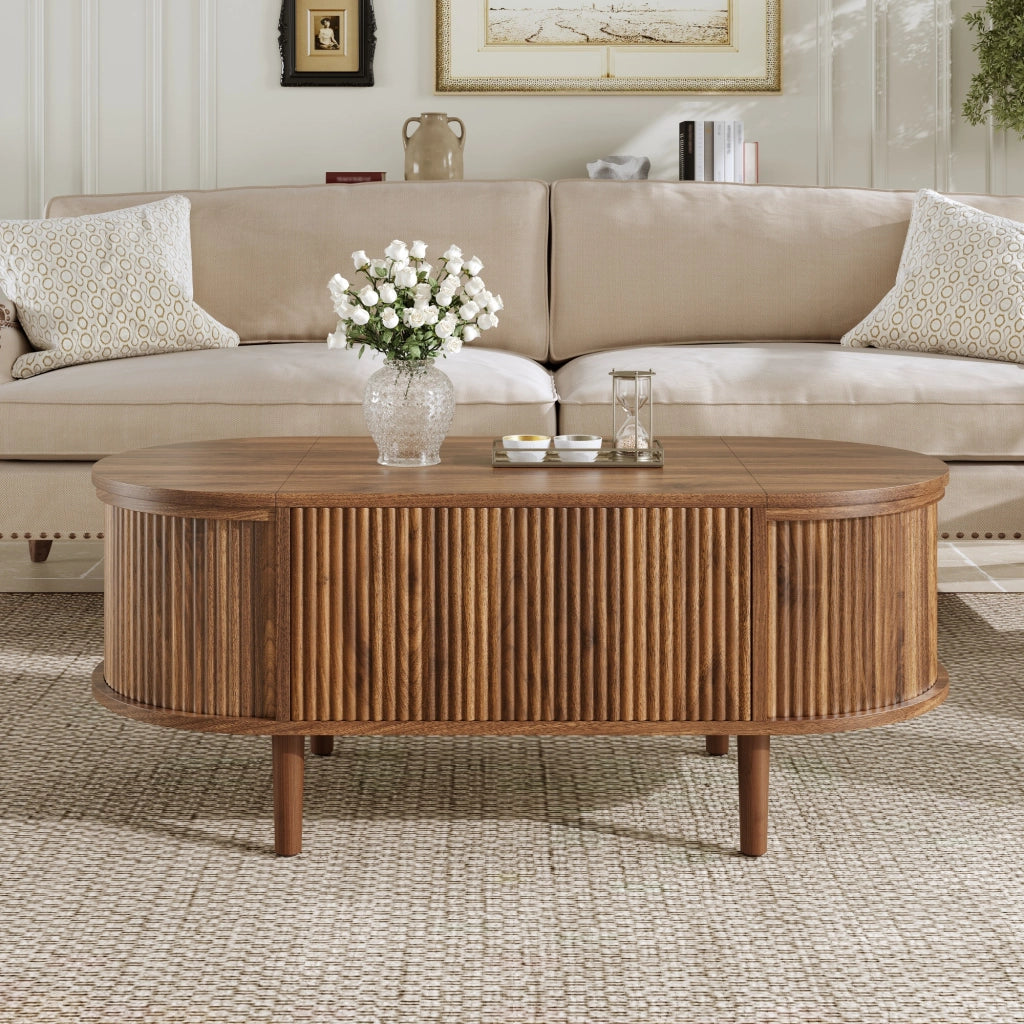 Tavolino da salotto ovale regolabile - Zephmum - Vintage, gambe in legno massello, con spazio di archiviazione