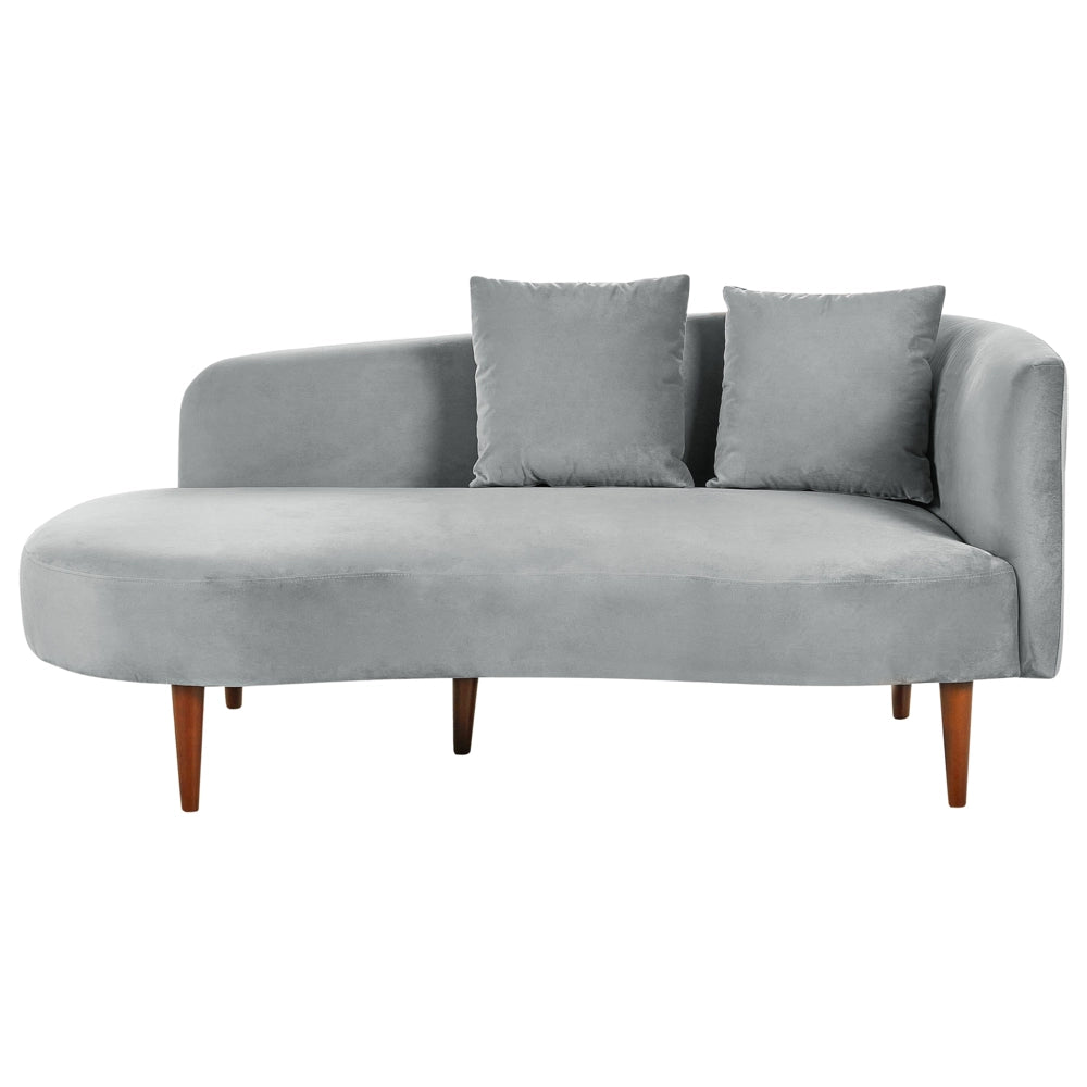 Chaise Lounge in velluto grigio chiaro lato destro gambe in legno scuro design moderno
