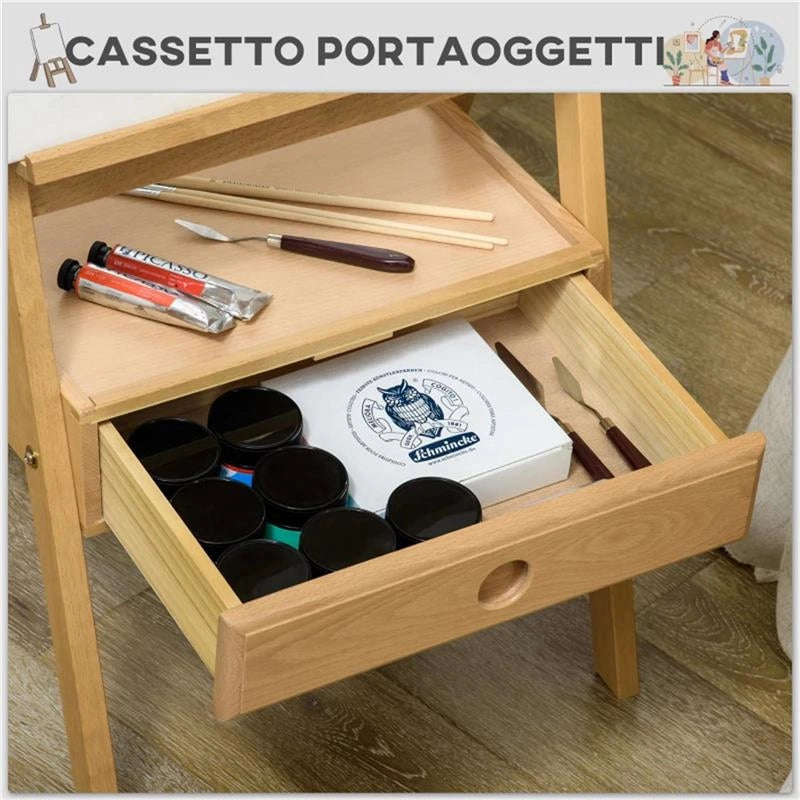 CAVALLETTO DA PITTORE AD ALTEZZA REGOLABILE CON CASSETTO, IN LEGNO DI FAGGIO, 43.5X43X150-190 CM
