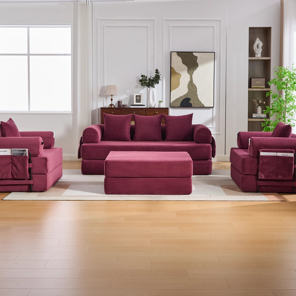 Divano modulare 3 posti - con tasca laterale e cuscini - in corduroy bordeaux