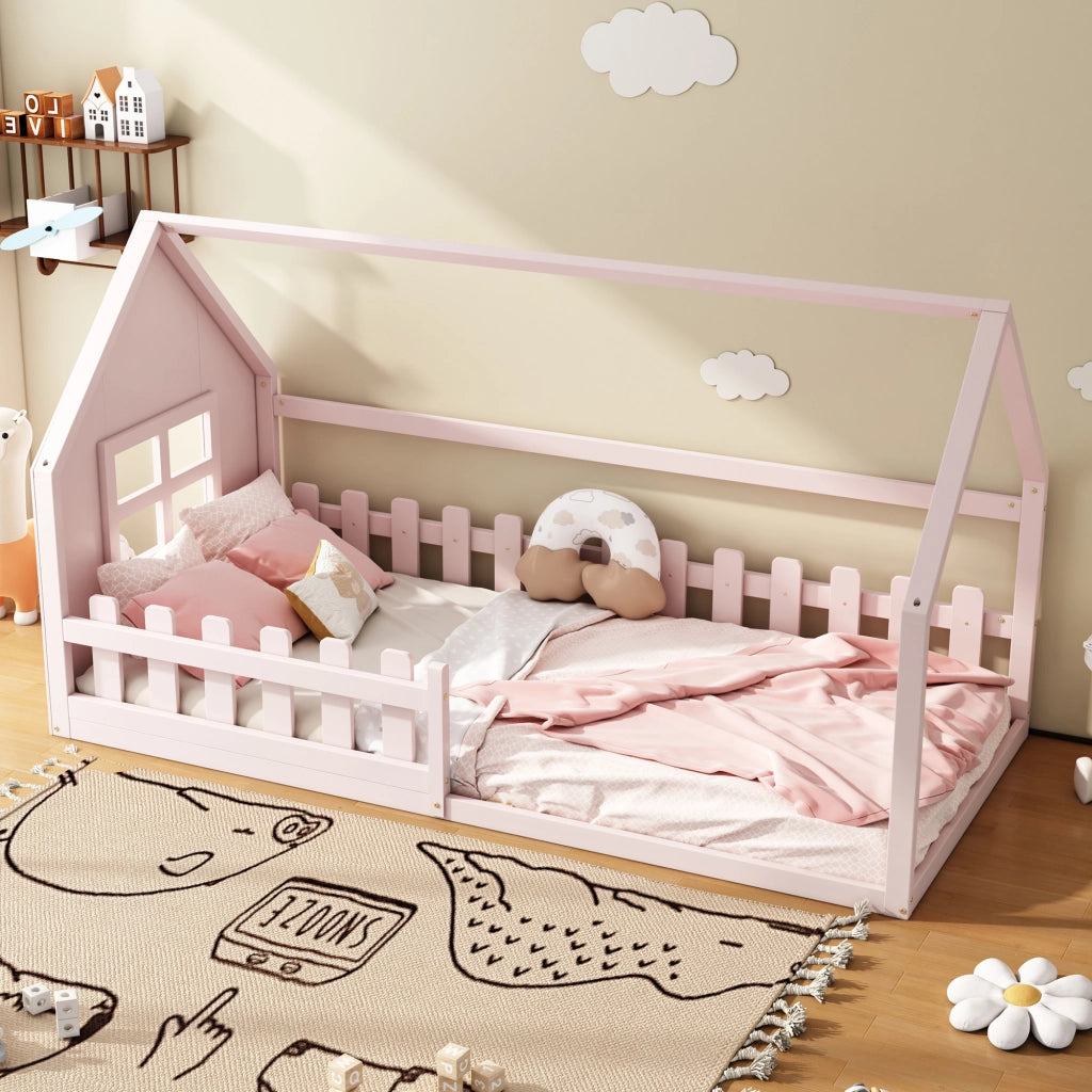 LETTO a casetta 90x200 cm in pino e MDF rosa