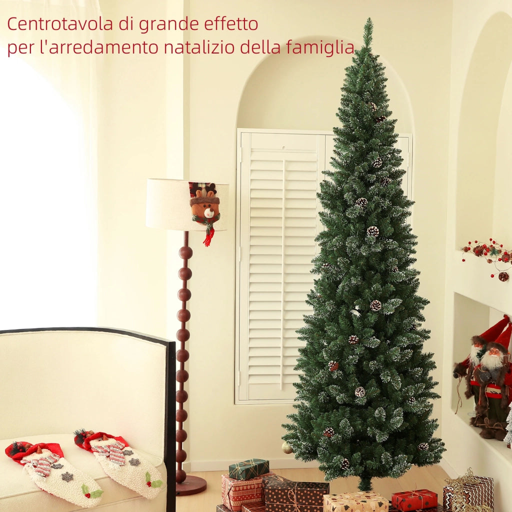 Albero di Natale Innevato Slim Alto 225 cm con 980 Rami Pigne e Base in Acciaio Verde