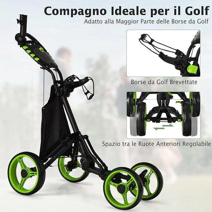 Carrello da Golf a Spinta e a Trazione, Carrello Golf Pieghevole Leggero a 4 Ruote con Borsa Impermeabile, Freno a Pedale, Porta Tazza e Porta Ombrello Regolabile(Verde)