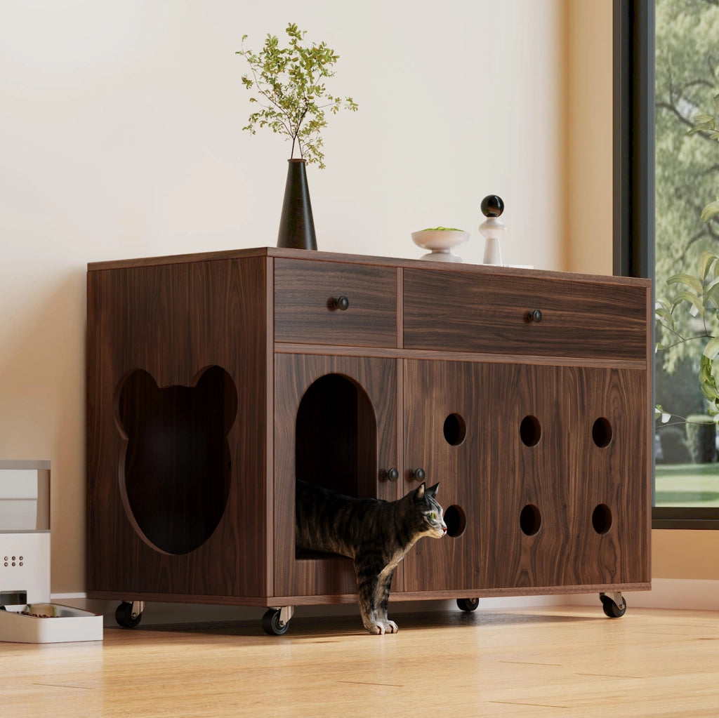 Mobile lettiera per gatti 100x45x66 cm con cassettini e vassoio raccogli-sabbia in MDF color noce