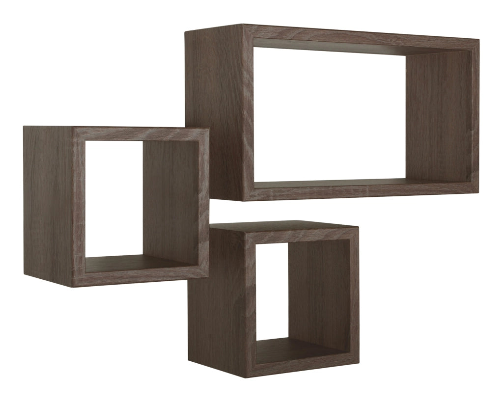 Set 3 Mensole Cubo da Parete Quadrato e Rettangolare in Fibra di Legno Tribù Noce