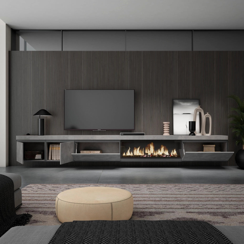 Mobile TV Soggiorno, 368x35x45, Camino elettrico XXL, da appendere, grigio cemento RF3683