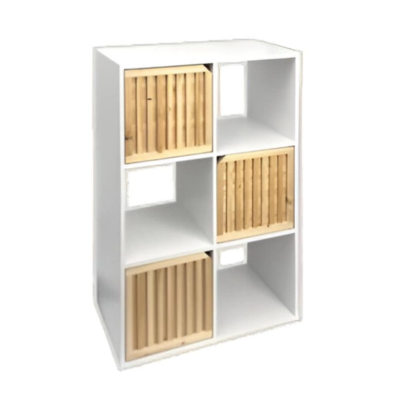 MOBILE CUBICO IN LEGNO CON 6 RIPIANI DI CUI 3 CON ANTE EFFETTO LEGNO E STRUTTURA BIANCA DIMENSIONI 59X29X88 CM