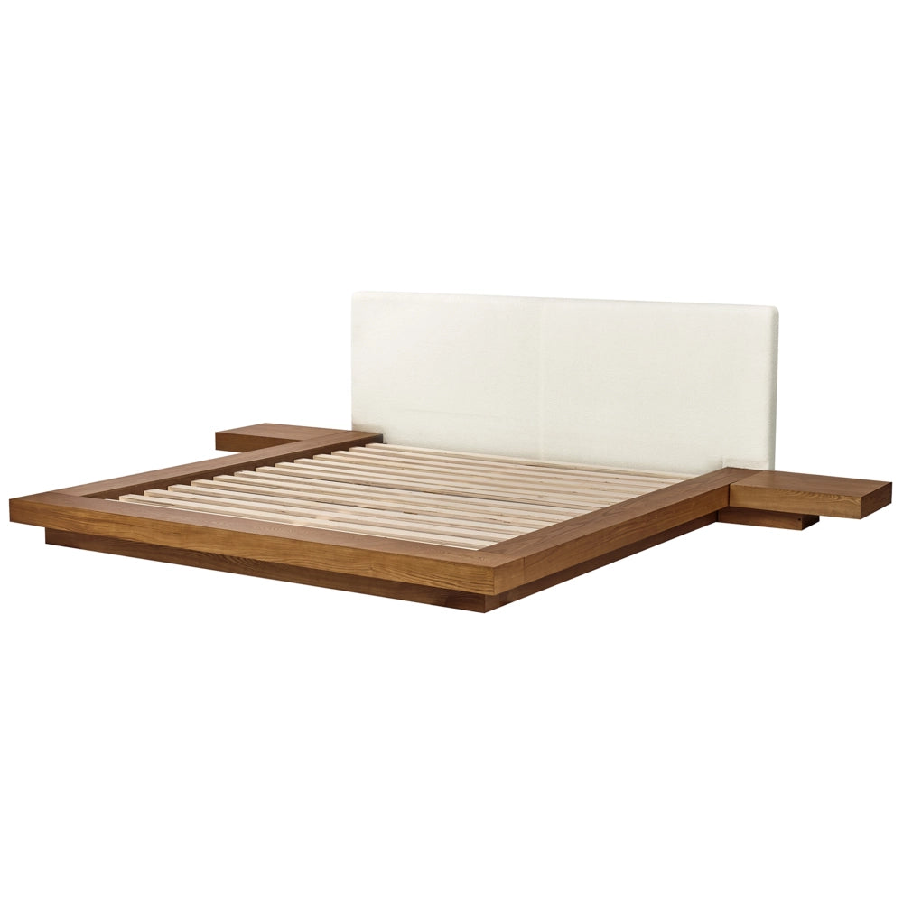 Letto LED in stile giapponese in frassino naturale 180 x 200 cm testata in legno impiallacciato bouclé camera da letto a basso profilo