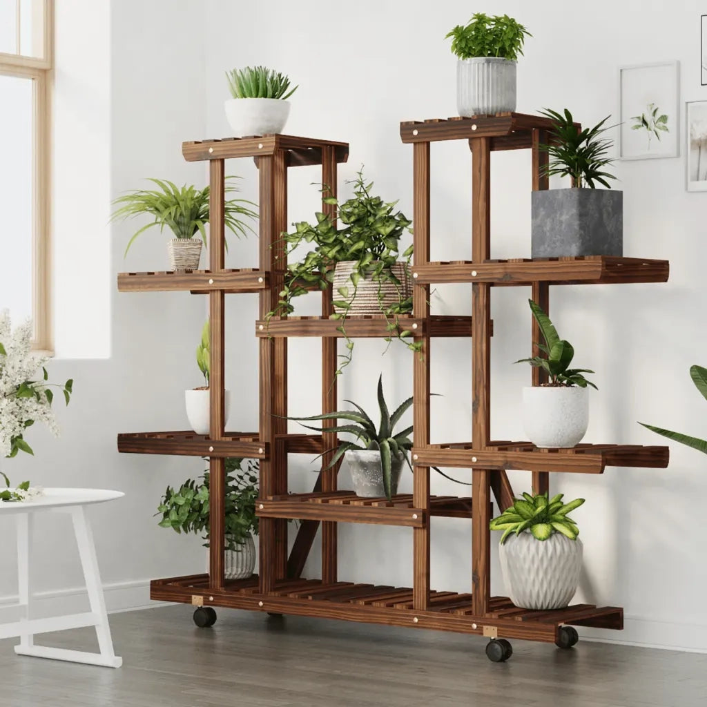 Portafiori con Ruote-Supporto per Piante Mobile-Rastrelliera per Fiori 110x25x115 cm in Legno Massello di Abete 635551