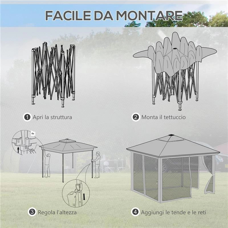 GAZEBO DA GIARDINO AD ALTEZZA REGOLABILE CON LUCI LED, IN ACCIAIO E TESSUTO OXFORD, 336X336X250-270 CM, GRIGIO