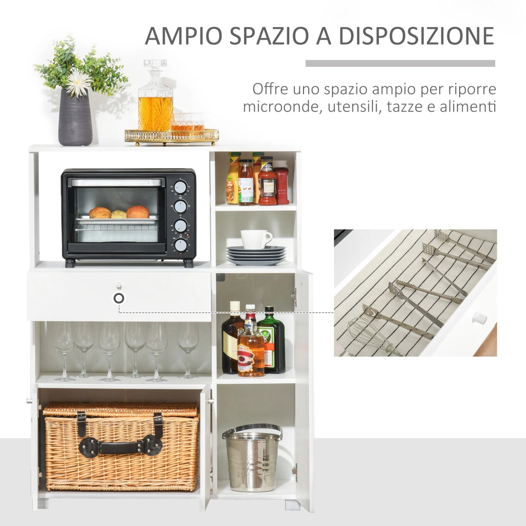 EasyComfort Mobile Cucina per Microonde con Armadietti, Mensole e Cassetto, Credenza Moderna in Legno 90x40x120cm Bianco