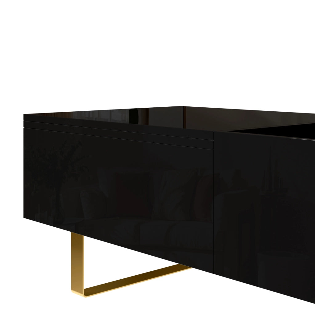 Tavolino da caffè rettangolare con piano alzabile idraulico e cassetto; 100x50x54;5 cm; MDF nero lucido