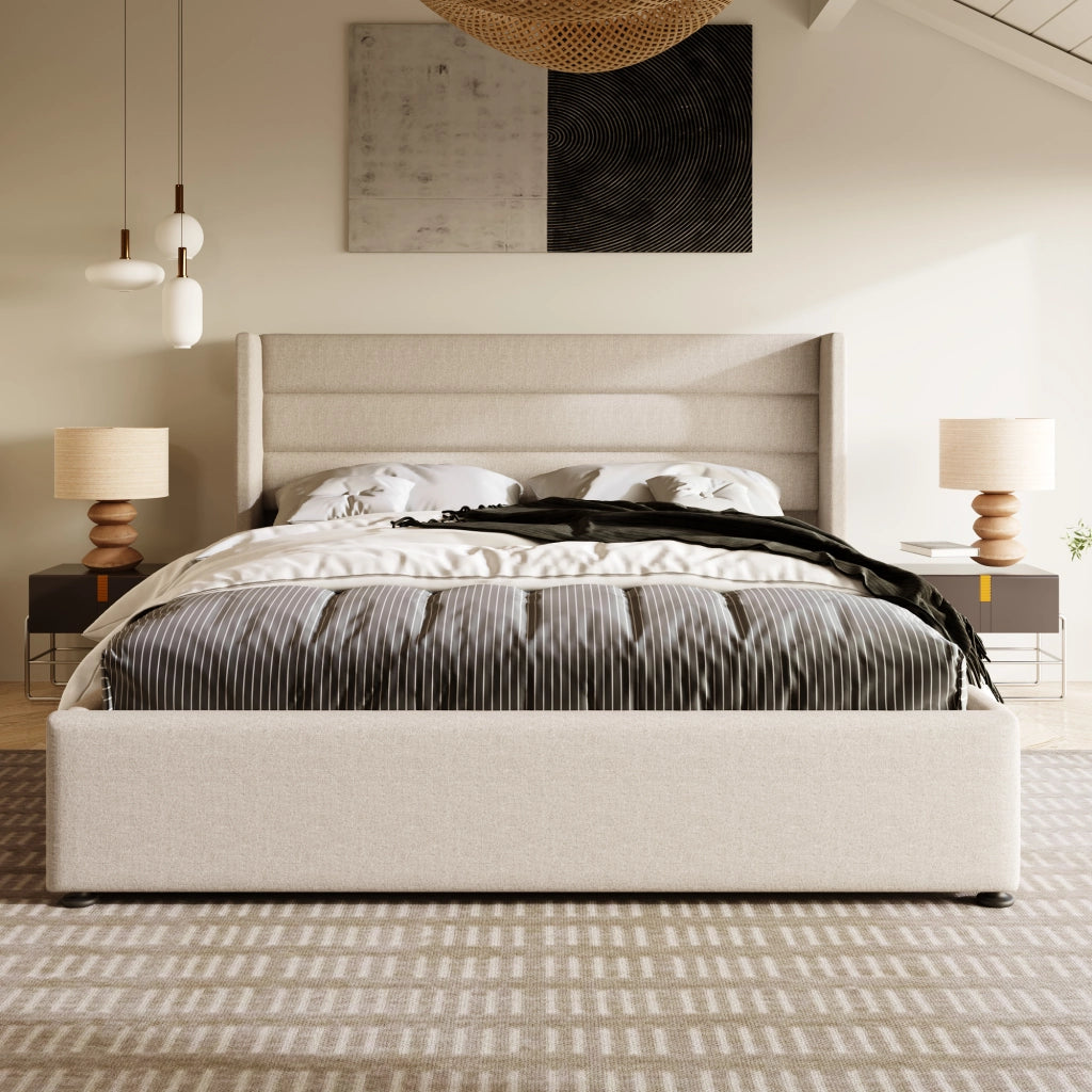 Letti contenitori 160x200 cm; idraulico con testiera imbottita; lino; beige (Senza materasso)