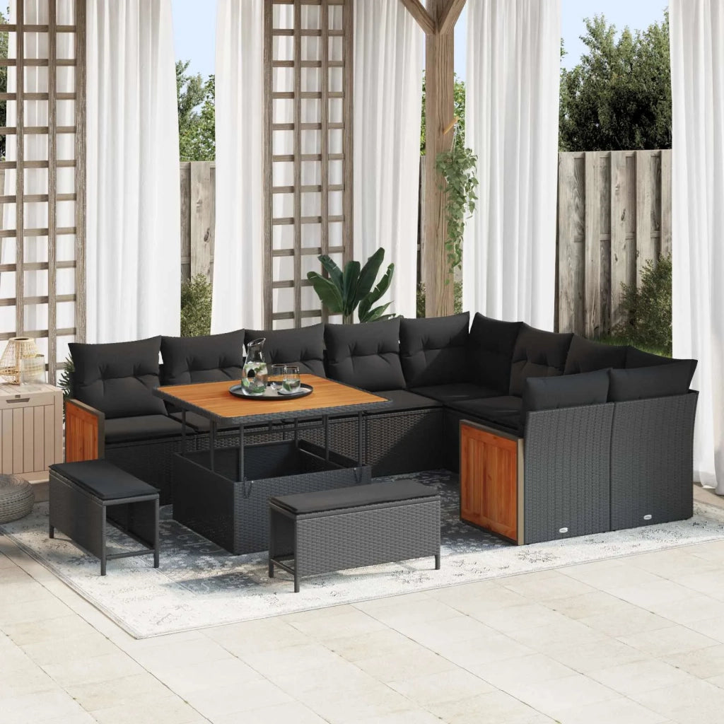 Set Divano da Giardino con cuscino 13 pcs Nero polyrattan