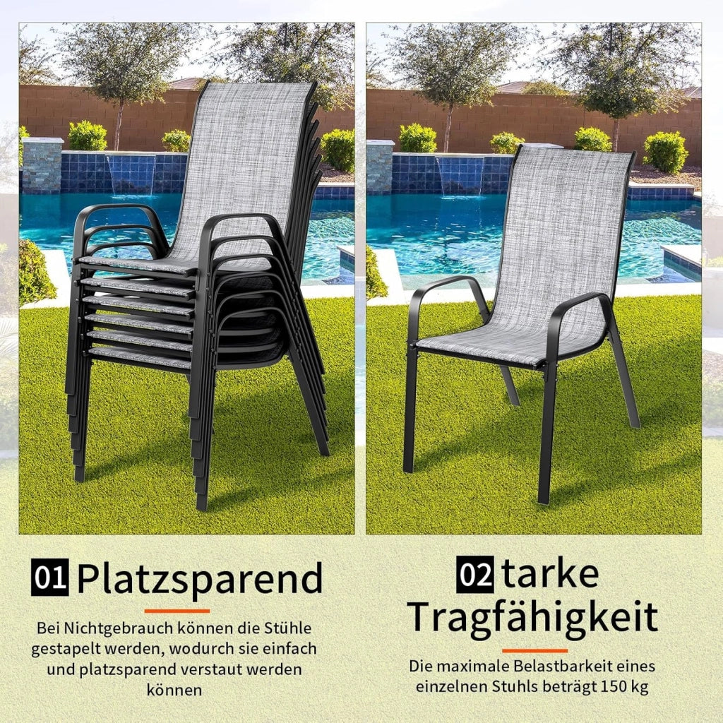 Sedia da giardino impilabile, da campeggio, impilabile, con schienale alto, in acciaio textilene, per giardini, cortili, balconi, ristoranti, 150 kg, portata: 54 x 69 x 93 cm 6pcs Lino grigio