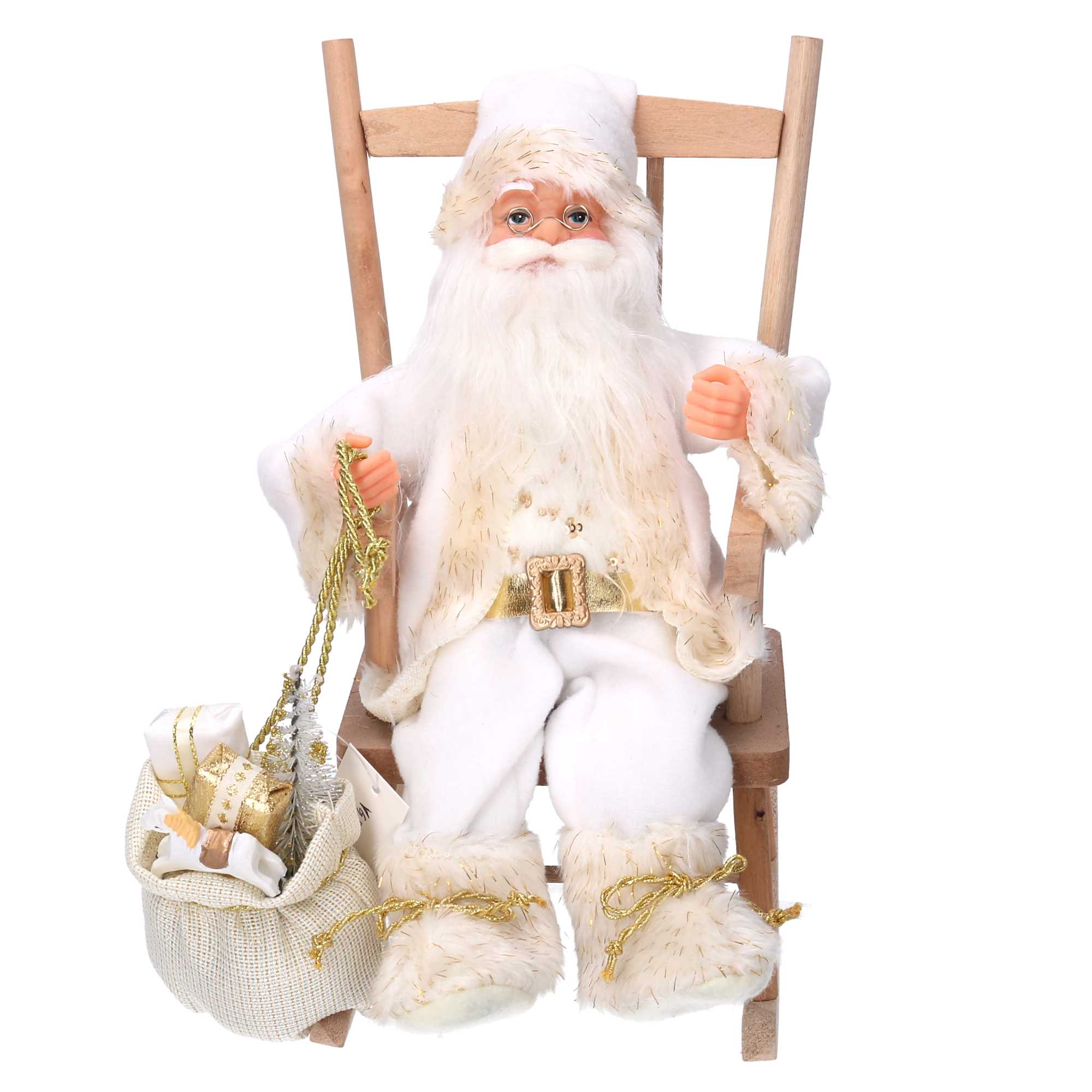 Babbo natale in tessuto su sedia bianco e oro cm xh30