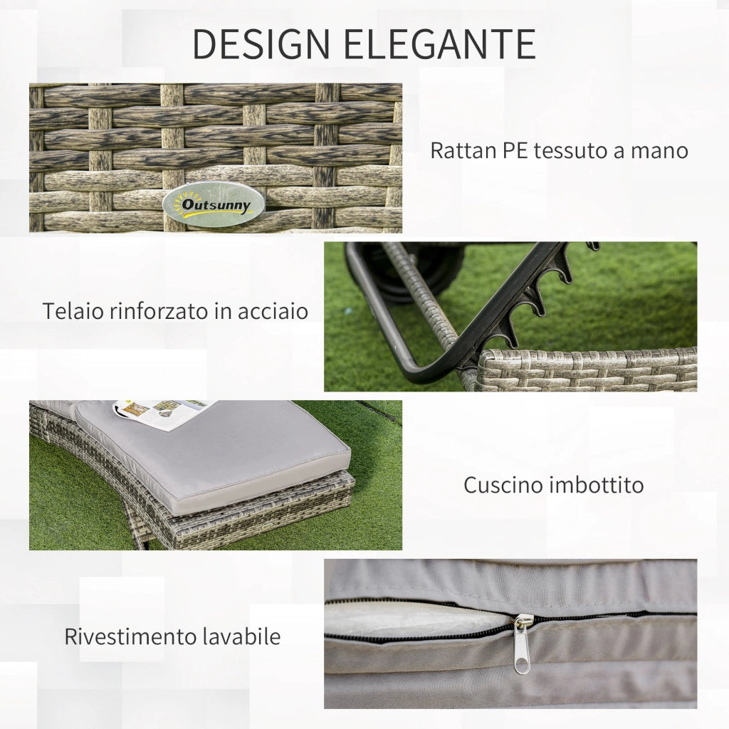 Lettino Prendisole da Giardino con Schienale Regolabile e Cuscino 207x70x70 cm in Rattan PE Grigio