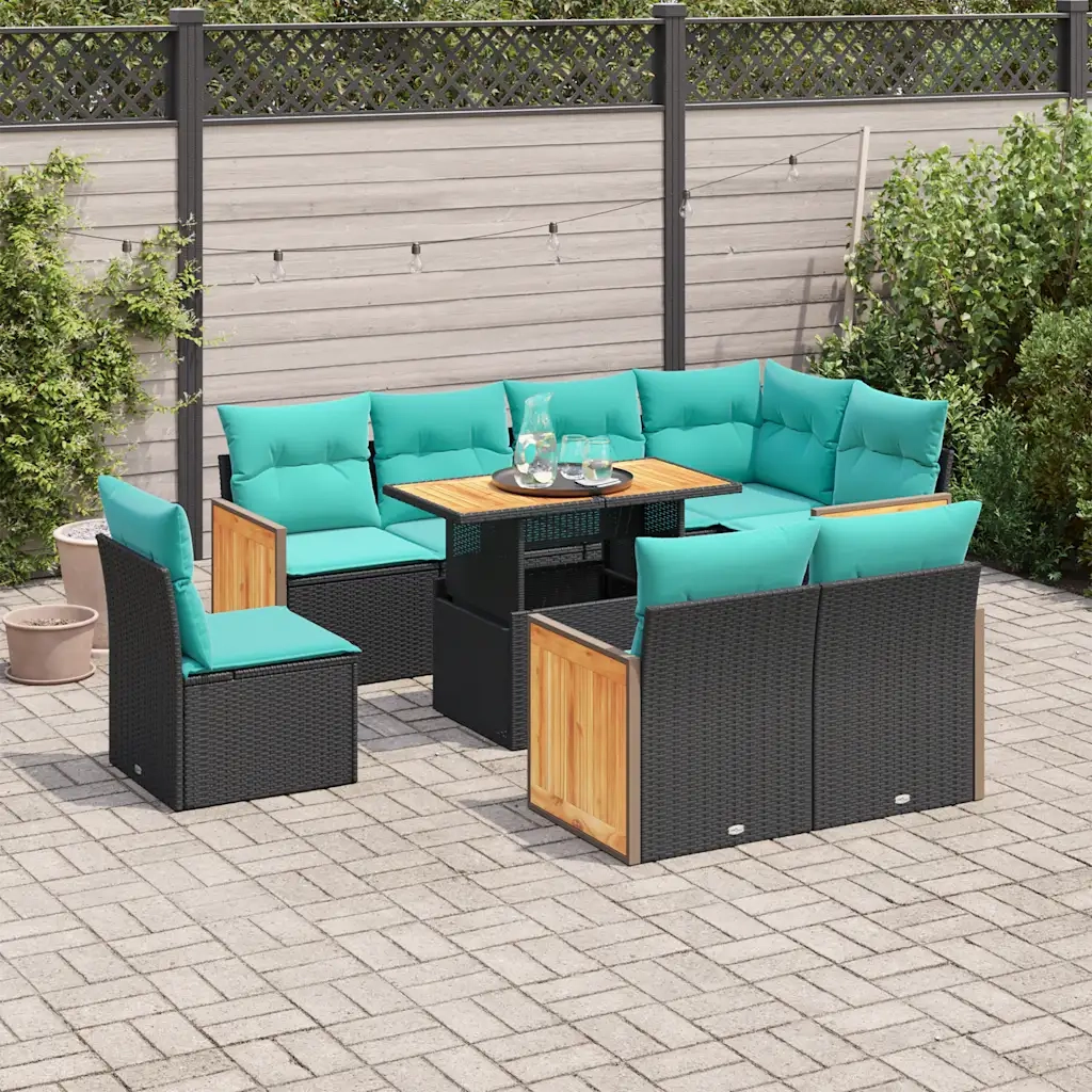 Set Divani da Giardino 9 pz con Cuscini Nero Polyrattan Acacia 3327725