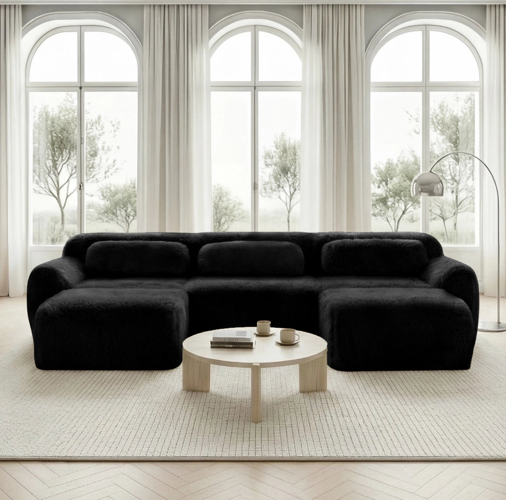 Divano modulare angolare a U in tessuto plush 291x179x73 cm; nero