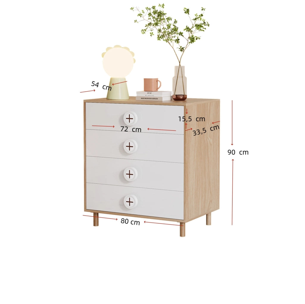 Comò bianco e effetto legno con 4 cassetti, 80×54×90 cm