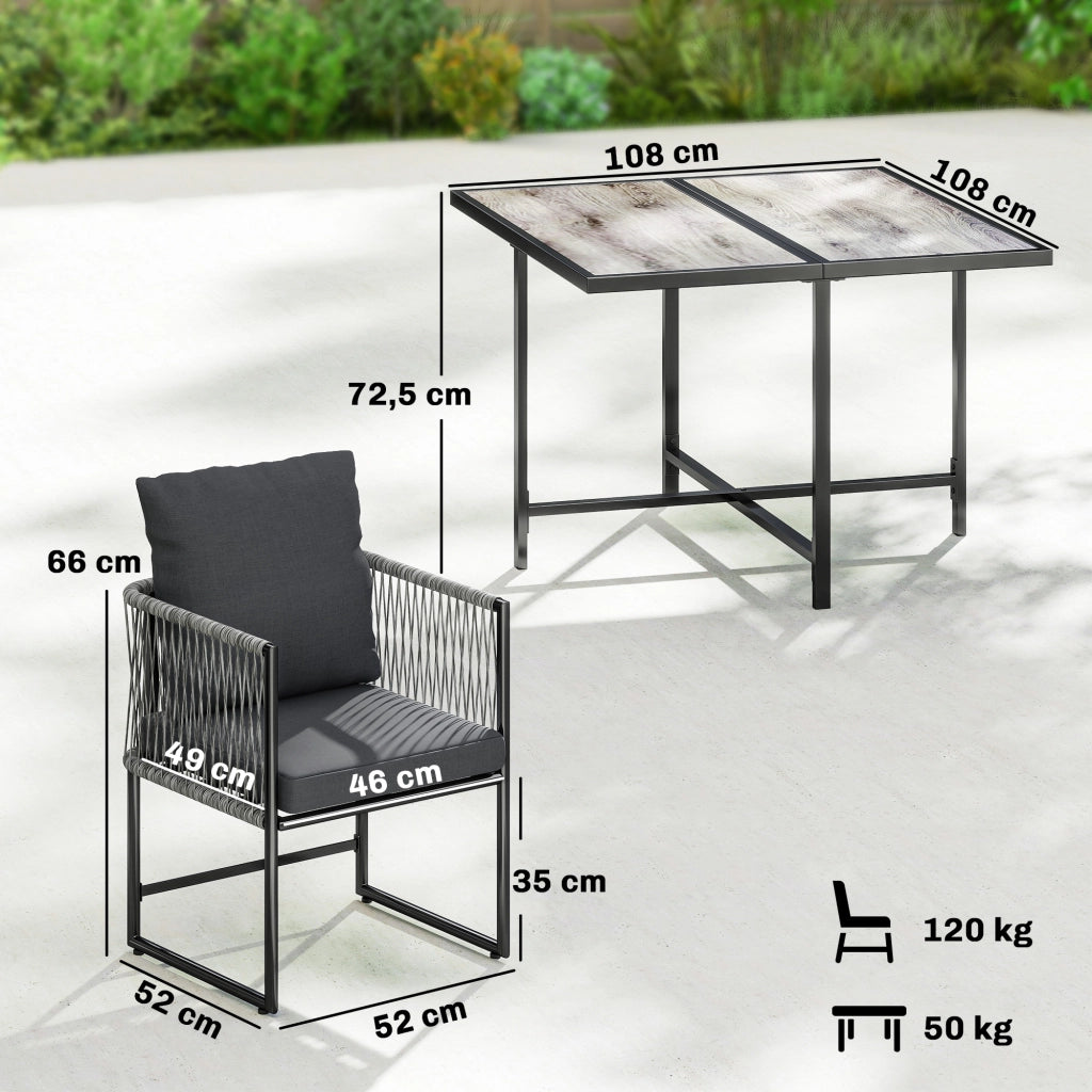 Set di mobili da giardino in polirattan a 5 pezzi; tavolo e 4 sedie; piano DPC; cuscini grigi; risparmio spazio