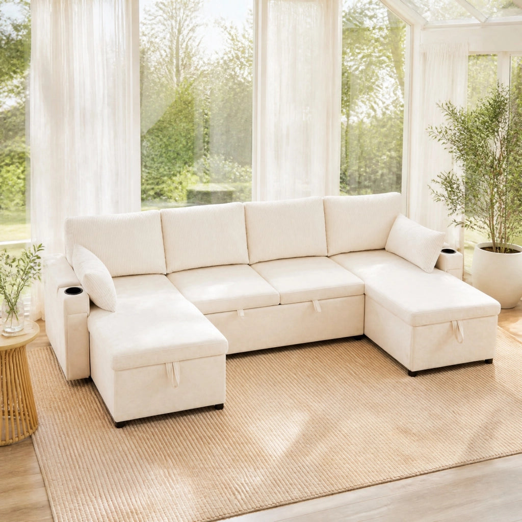 Divano letto modulare a U con contenitore e portabicchieri; 272 cm; beige