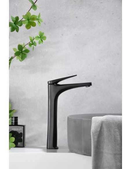 IMEX Miscelatore monocomando alto per lavabo in ottone nero opaco con cartuccia ceramica Ø28 mm set 2 flessibili 3-8 inclusi altezza 288 mm canna 175 mm modello BDD055-3NG