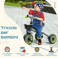 Triciclo per Bambini da 2-5 Anni con Seduta Regolabile e Campanello, 70.5x50x58cm, Nero