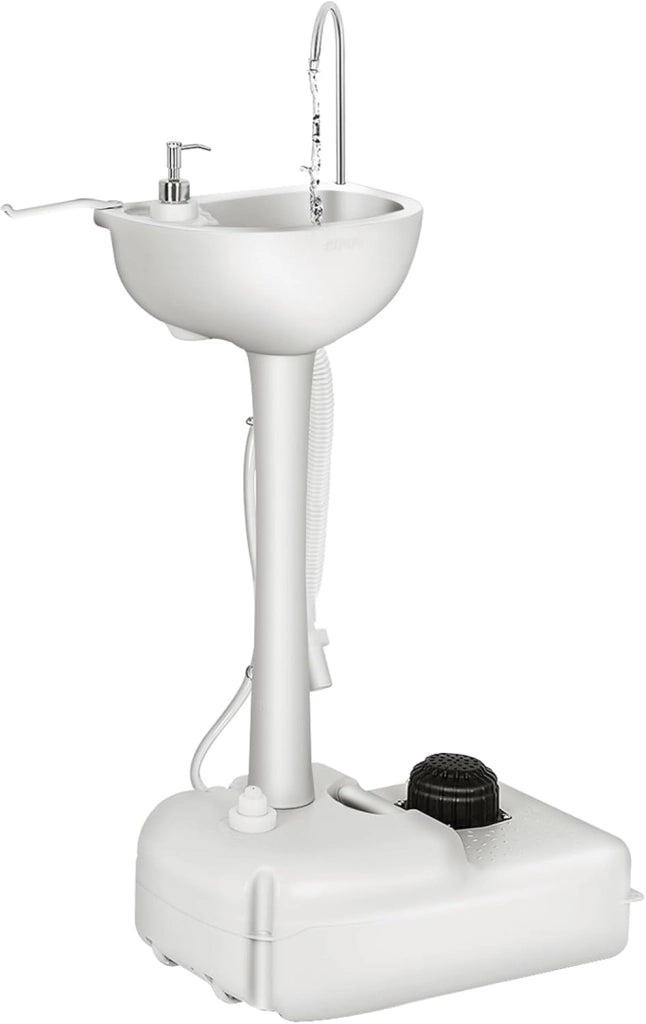 Lavandino da Campeggio con Pompa a Pedale, Lavandino Portatile con Serbatoio d'Acqua da 17L, Dispenser Sapone, Portasciugamani e Ruote (58 x34 x 102cm)