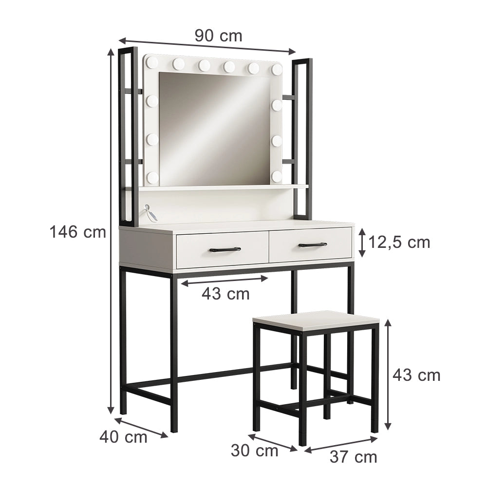 Vicco Tavolo da toilette Bianco 90 cm Con illuminazione a LED e sgabello