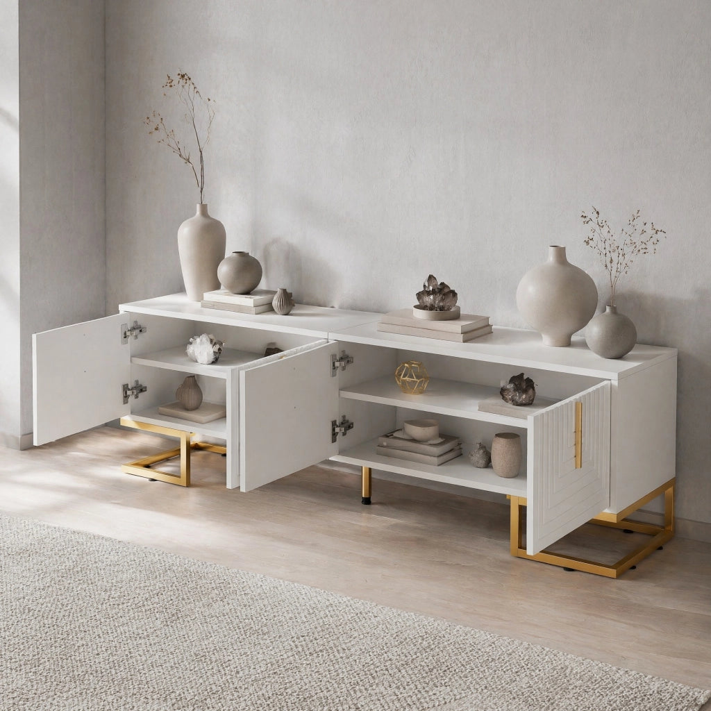 Mobile TV 170 cm bianco con 4 ante, maniglie e gambe dorate