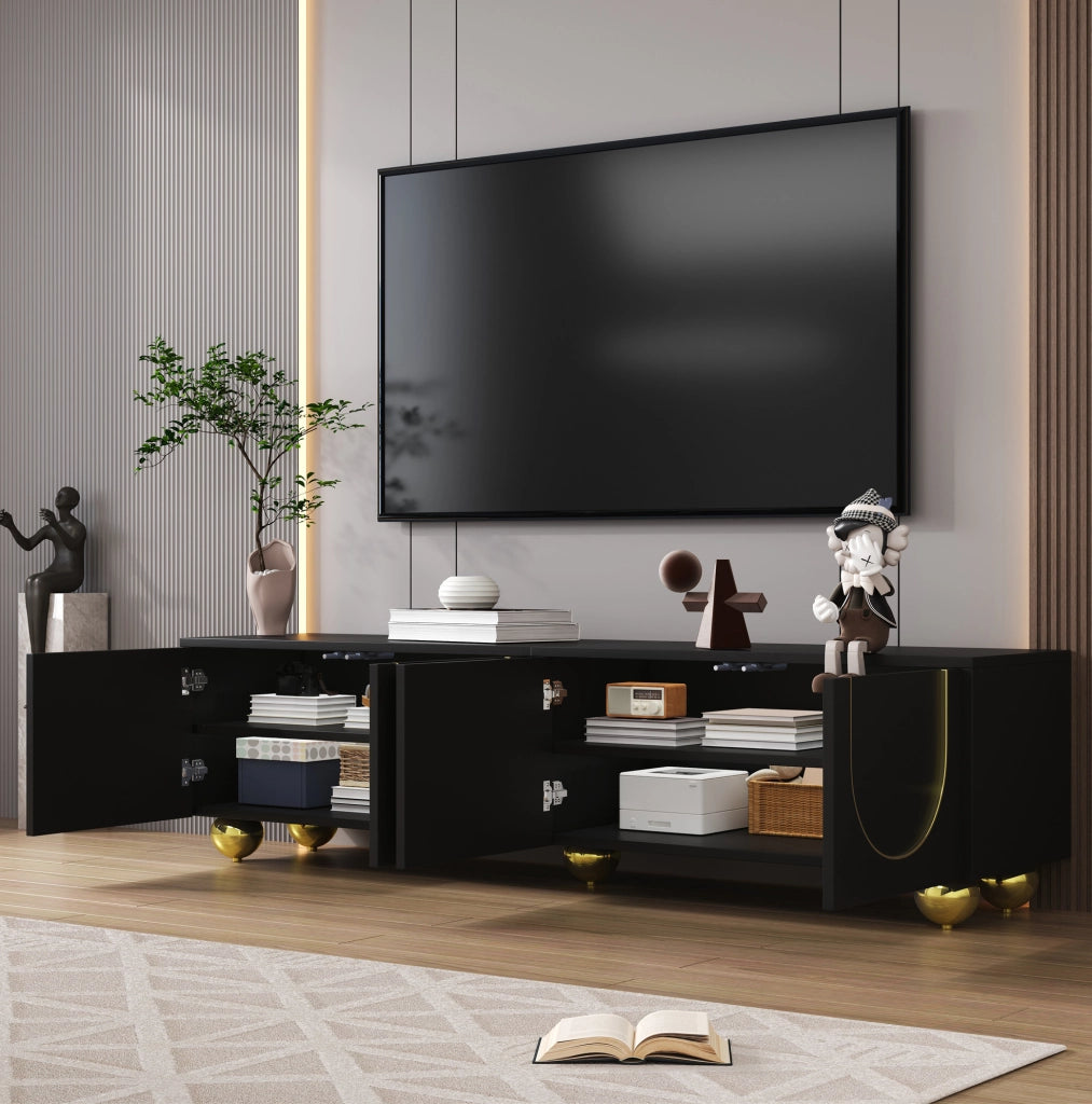 Mobile TV ULEVR 170x38x44 cm con 4 ante push-to-open e ripiani, nero e oro