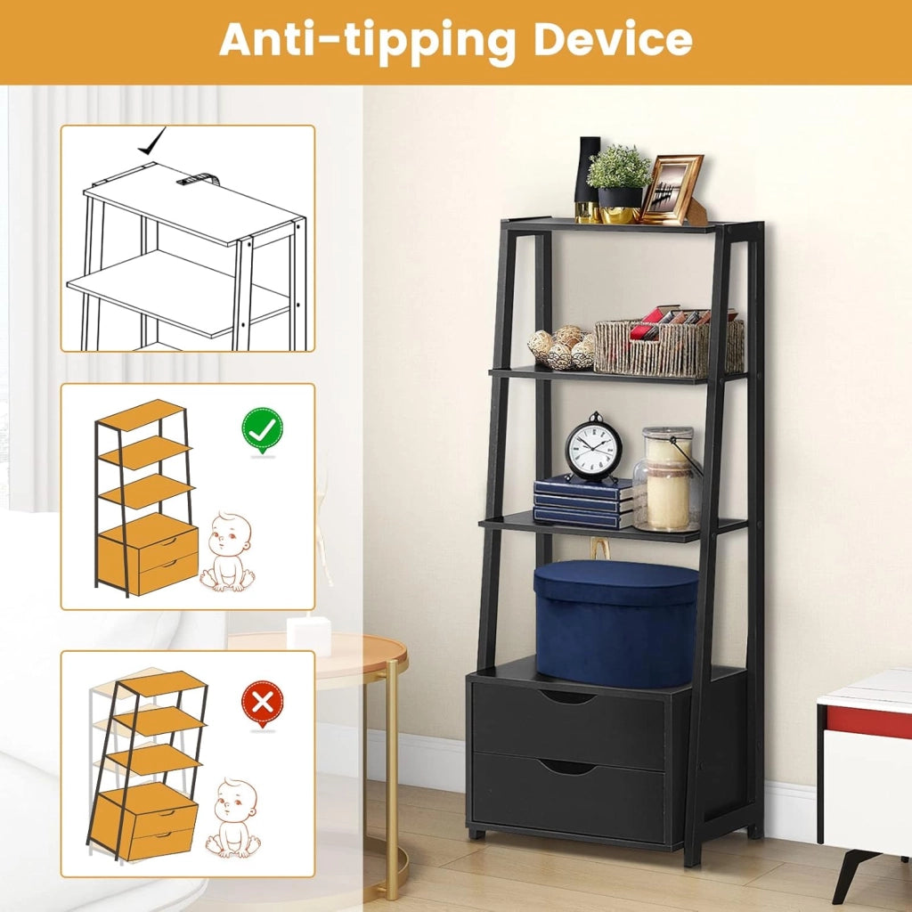 Scaffale a 3 Ripiani Stile Moderno, Libreria con Struttura con 2 Cassetti, Adatto per Soggiorno, Studio, Cucina, Camera da Letto e Ufficio, Nero, 52x40x133 cm