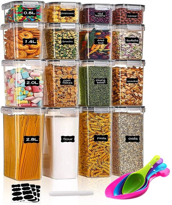 Set di contenitori per la conservazione, contenitore da cucina 16 pezzi (0,8L + 1,4L + 2,0L + 2,8L), contenitore ermetico con coperchio, per cereali, farina, zucchero, granola in cucina, BPA-free