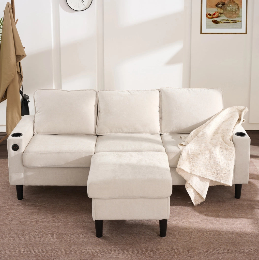 Divano imbottito beige a 3 posti con USB, Type-C e portabicchieri, divano angolare a L con pouf combinabile