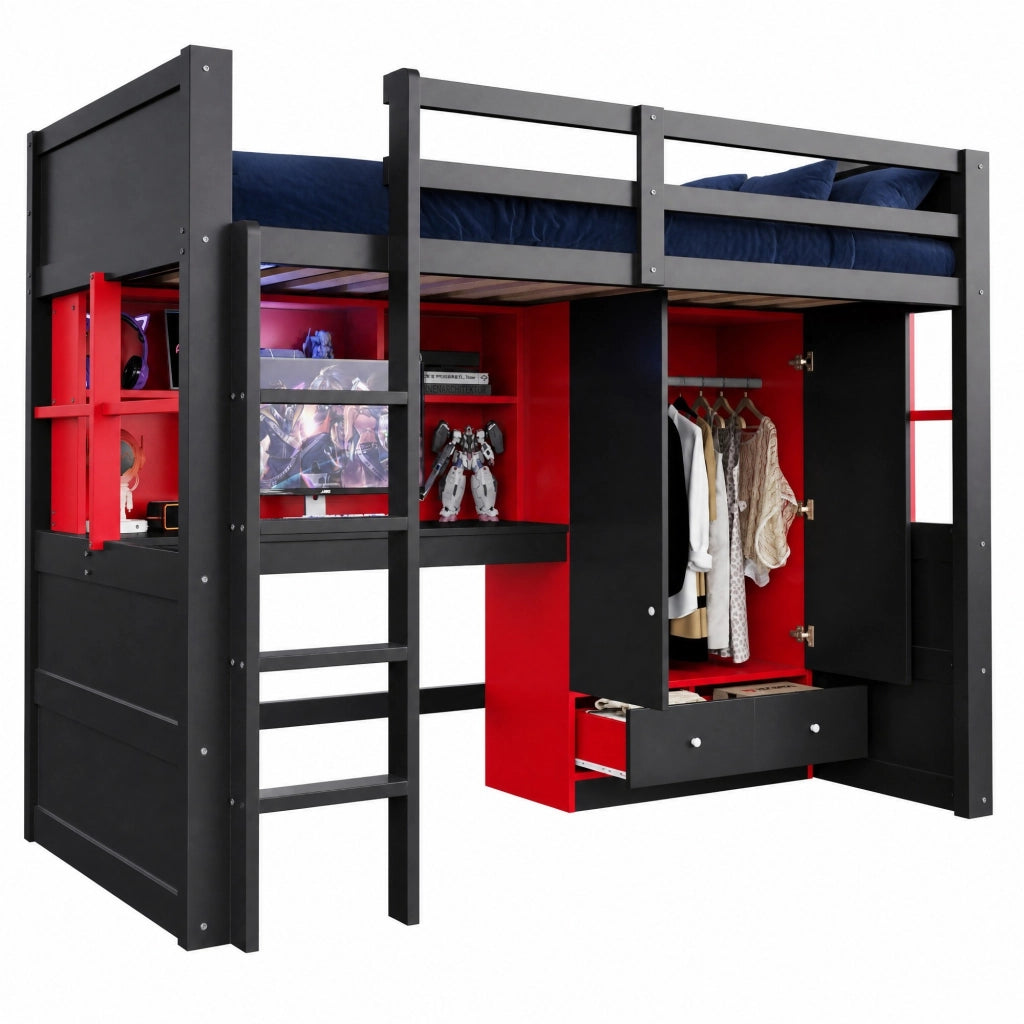Hochbett in stile gaming 90x200 cm con scrivania; armadio e cassetti; nero rosso