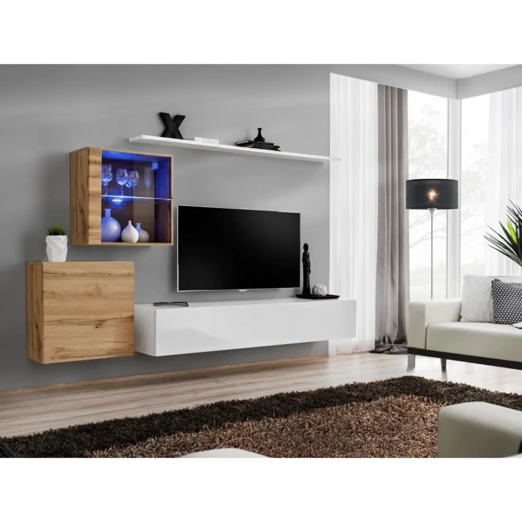 Mobile da soggiorno da parete SWITCH XV design, colore bianco lucido e rovere Wotan.