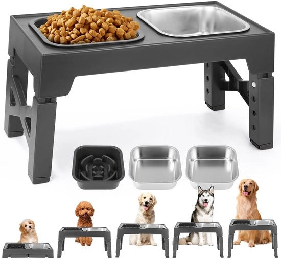 Hondenbak Elevato, Elevato per Cane, 5 Altezza Regolabile per Cane con 2 Ciotole in Acciaio Inox, 1 Ciotola Lenta per Cane, Ciotola Antiscivolo per Cane per Cani Grandi, Medi Grandi, Piccoli