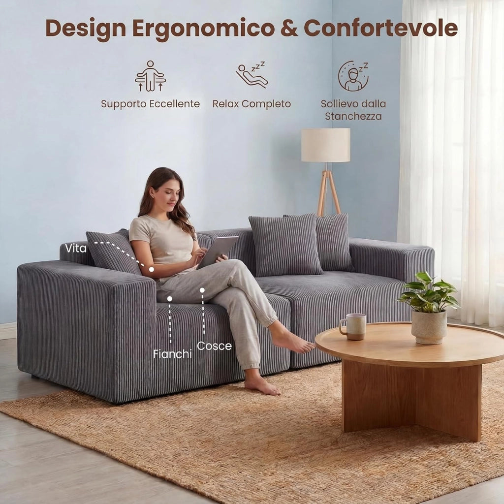 Divano Letto 2 Posti 204 X 89 X 64 CM, Divanetto da Pavimento Imbottito con 4 Cuscini, Velluto a Coste e Schiuma ad Alta Elasticità, Divano Modulare con Braccioli Comodi per Soggiorno