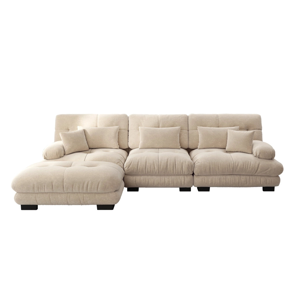 Divano modulare in ciniglia con ottomani mobili; 313×145×81 cm; color caffè chiaro